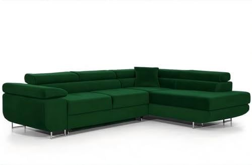 COMFORTINO FURNITURE Ecksofa mit Schlaffunktion PASTI L-Form, Sofa Couch mit Bettkasten, 3-Sitzer Eckcouch, Schlafsofa für Wohnzimmer, Big Sofa Couch mit Schlaffunktion (Grün, Ottomane Rechts)