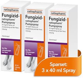 Fungizid-ratiopharm® Pumpspray im Sparset 3 x 40 ml Spray mit dem Wirkstoff Clotrimazol: Zur schonenden Behandlung verschiedener Pilzerkrankungen der Haut, wie z. B. Fußpilz.
