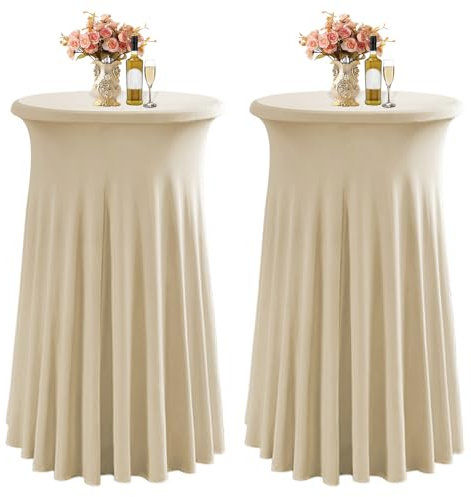 LUOZIQINX Runde Cocktail Tischdecke, 80×110cm Stehtisch Hussen, Stretch Spandex Bistrotisch Tischrock für Party, Hochzeit, Banketttisch,Champagne,2pcs