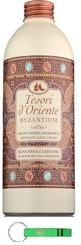 4 x Tesori d'Oriente Bagno Crema Byzantium, bagni di schiuma con rosa nera e labdanum, purifica la pelle e dona sostanze nutritive e idratanti, 500 ml + portachiavi Beni Culinari