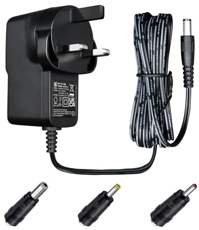 9V 1.5A 1.8M/6ft Long Power Supply Adapter, AC DC Switching Adapter (Input 100-240V, Output 9Volt 1.5Amp/1500mA), Wall Mount Transformer Charger Plug with 3 Interchangeable Adapter Jacks, UKCA Listed