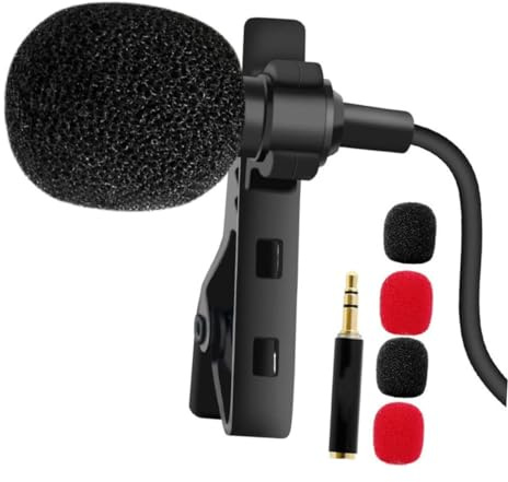 HIAKDOFT Omnidirectional Clip-on Lavalier Microphone 3.5mm Mini Recording Lapel Mic for Mobile Phone and Pc with Black and Red Foam Windscreens – Interview and Vlogging Microphone