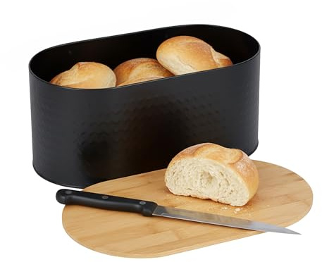 Relaxdays Brotkasten, Bambus & Stahl, Deckel als Schneidebrett, HBT: 15,5 x 34 x 18,5 cm, Brotaufbewahrungsbox, schwarz