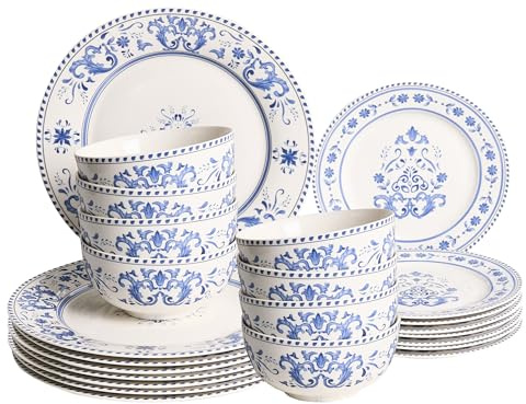 Vajilla de 24 piezas de porcelana acabado esmaltado con diseño abstracto para 8 personas comedor cocina blanco y azul Galangal