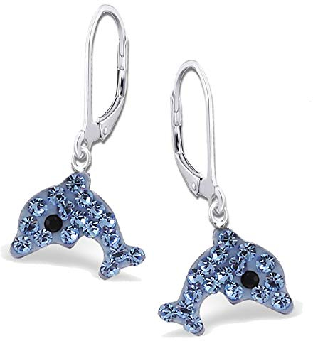 Mädchen Delfin Ohrhänger echt 925 Sterling Silber mit Zirkonia Kinder Ohrringe Delphin Brisur K438 Blau