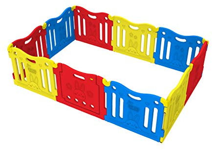 BABY CARE by Dwinguler - Playpen Vivid - Laufgitter Laufstall Absperrgitter Krabbelgitter Schutzgitter für Kinder aus Kunststoff mit Tür und Spielzeugboard Red, Yellow, Blue