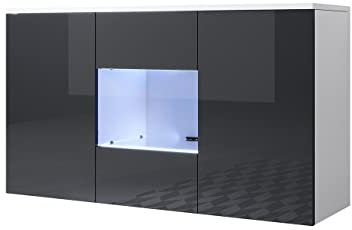 MB Muebles Bonitos, Aparador Mueble TV Colgante Luke A2 para Salón o Comedor Moderno con Luz LED, Melamina Brillo, Color Blanco y Negro, 120 x 70 x 40 cm