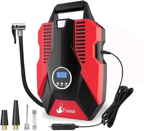 Foseal Car Tyre Pump, 12V Digital Tyre Inflator Air Compressor with 3 Nozzle Adaptors and LED Light, Portable Electric Pump Auto Shut Off, for Bikes, Motorcycles, Basketballs