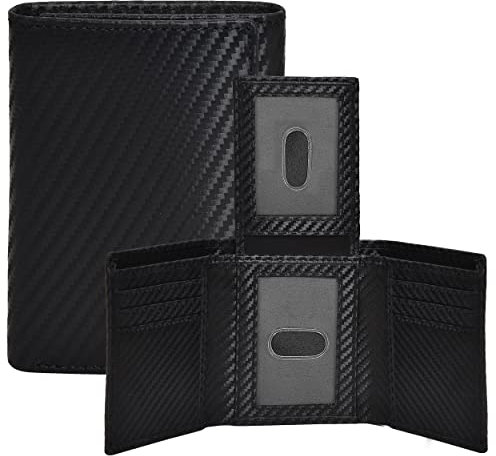 Portefeuille à trois volets en cuir véritable pour homme – Portefeuille fin RFID pour 9 cartes de crédit, 2 compartiments d'identité, cadeau pour homme, ébène, Trois volets