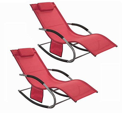 Set de 2 Tumbonas de Jardín Reclinables – Sillas Ergonómicas de Exterior con Almohada y Bolsillos Laterales, Tejido Transpirable, 150 kg, para Playa, Terraza, Camping y Piscina OGS28-Rx2