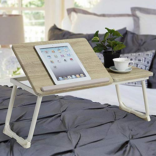 BAKAJI Tavolino Vassoio Colazione da Letto Divano Tavolo Porta Tablet Notebook PC Laptop Struttura in Metallo Pieghevole Leggio Piano in Legno Inclinabile Dimensione 65 x 30 cm (Beige)
