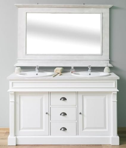 Casa Padrino Conjunto de Baño de Estilo Campestre Blanco/Gris Claro - 1 Gabinete del Fregadero Doble y 1 Espejo de Pared - Muebles de Baño de Madera Maciza en Estilo Campestre