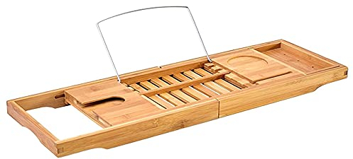YWJFASHION Ausziehbare Badewanne aus Holz Badewanne Caddy Home Spa mit Leseständer Tabletthalter Bad Tablett