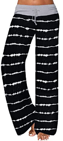 AMYTIS Damen Yogahose Stretch Freizeithose Bequeme Pyjamahose Schlafanzughose Lang Leichte Lounge Hose Hausanzug Hosen Relaxhose Fitness Sommer Weites Bein,Blackline,XXL