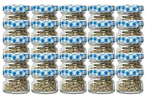 Vitrea 25er Set Mini Einmachgläser mit Schraubdeckel Blau Kariert 30 ml 4,3 x 3,5 cm (ØxH) Sturzgläser Gläser Rundgläser Marmeladengläser Senf (Blau Kariert)