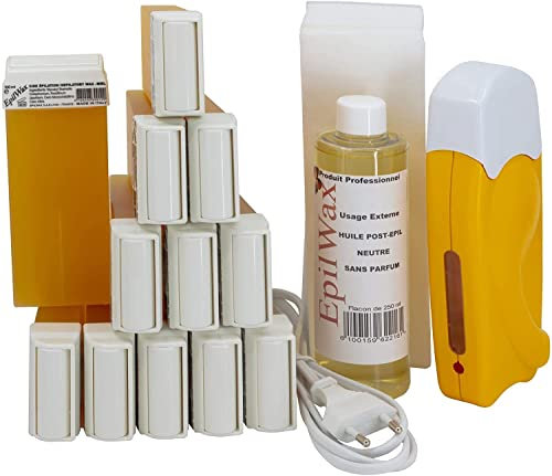 EpilWax - Solo Haarentfernungs-Set komplett mit: 1 Wachserhitzer für professionelle Haarentfernung – 12 Roll-On Wachs Pro Honig à 100 ml, 100 Streifen zur Haarentfernung, 250 ml Öl nach der