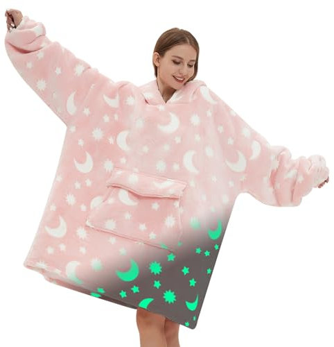 Leuchtet im Dunkeln, tragbare Decke, Hoodie für Erwachsene, Damen, Herren, übergroßes Sherpa-Sweatshirt, tragbare Decke, Hoodie mit riesiger Tasche, super warme, weiche Flanell-Kapuzendecke,