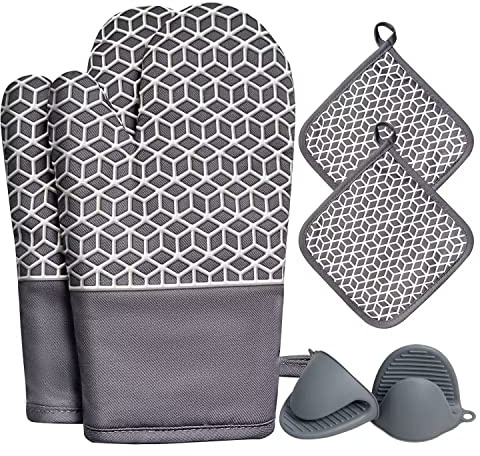 NAVITHOUS Oven Mitts and Pot Holders Sets 6pcs, Non-Slip Surface | Silicone Oven Gloves, Heat Resistant, Kitchen Gadgets, Apartment Essentials, Perfect for Cooking, Baking and Grilling