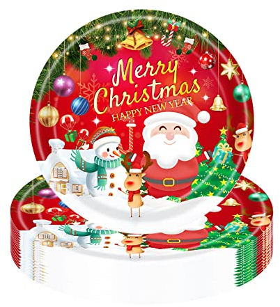Lot de 16 assiettes en carton jetables pour fête de Noël - 18 cm - Motif Père Noël, bonhomme de neige, élan, rouge