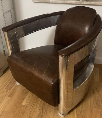 Casa Padrino Luxus Art Deco Leder Sessel Vintage Dunkelbraun/Silber - Aluminium Wohnzimmer Sessel mit hochwertigem Echtleder - Lounge Sessel - Flugzeug Flieger Echtleder Möbel - Luxus Möbel