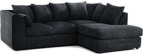 New Fabric Corner Sofa Black | Soft Jumbo Cord 3-4 Seater Corner Sofa (Black, Right Hand Facing)