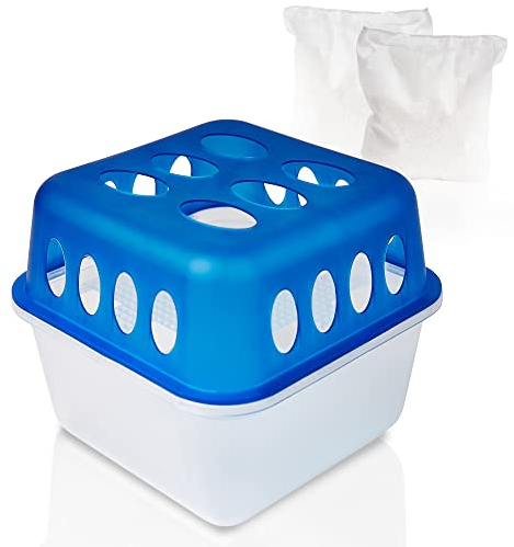 Smartweb Luftentfeuchter inkl. 2 x 400g Luftentfeuchter Granulat | Nachfüllbarer Raumentfeuchter ohne Strom | Für bis zu 25 qm Räume | 10x10x11cm | Farbe Durchsichtig/Blau