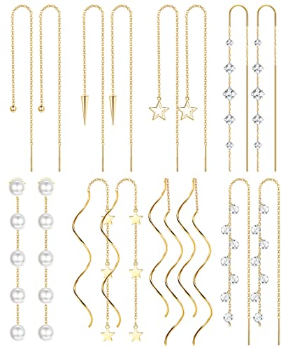 MILACOLATO 8Paar Ohrringe Durchzieher Threader Ohrringe Hängend für Damen Einfädler Ohrhänger 316L Edelstahl Leichte Doppelt Twist Welle Kette Quaste Ohrringe Lange Kettenohrringe Set Gold