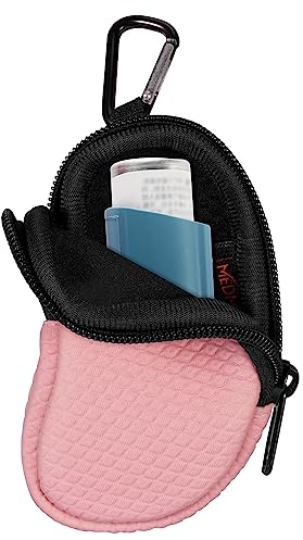 MEDMAX Neopren Tasche für Asthma Inhalator, Tragetasche mit Karabinerhaken und Netztasche innen, Reise-Holster Halter für L-förmigen Asthma-Inhalatoren (Rosa)