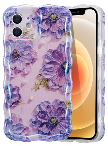 EYZUTAK Case for iPhone 11, Colorful Retro Oil Painting Flower Laser Beam Glossy Pattern Cute Curly Waves Border Exquisite Phone Cover Stylish Durable Soft TPU Protective Case for Girls Women - Purple