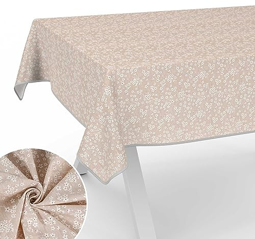 Stoff Tischdecke Tischwäsche Textil Tischtuch Baumwolle Polyester Gewebe abwaschbar pflegeleicht, in rund oval eckig Violen Beige 220x140cm mit Saum (Eingefasst)