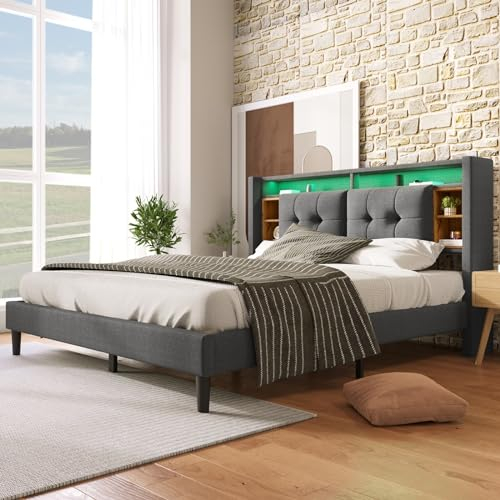 AMDXD Polsterbett Doppelbett Stauraum-Kopfteil Bett mit Aufladen USB und LED-Beleuchtung Bettgestell Lattenrost aus Holz, 160x200CM Grau (Ohne Matratze)