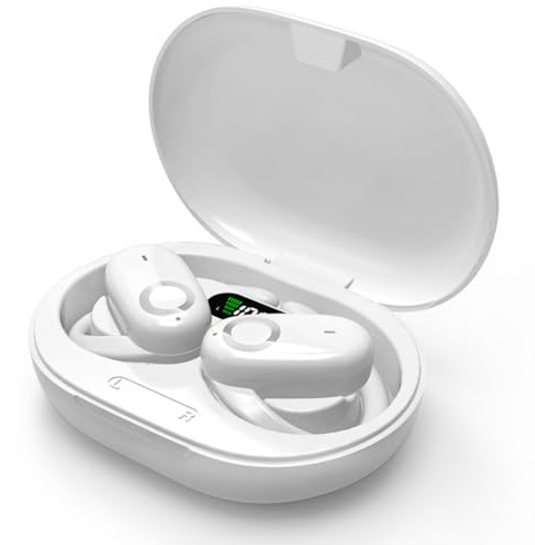 No In-Ear TWS Bone Conduction Headphones Bluetooth 5.3, Ear Clip Running Sports Headphones, IPX5 Waterproof Sports Headphones Noise Cancellation, LED Power Screen Display Touch Headphones White