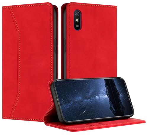 Mo-Beauty Hülle Kompatibel mit Xiaomi Redmi 9A/Redmi 9AT, Handyhülle PU Leder Flip Klappbare Stoßfest Schutzhülle Magnet Kartenfach Ledertasche Klapphülle für Xiaomi Redmi 9A/Redmi 9AT(Rot)