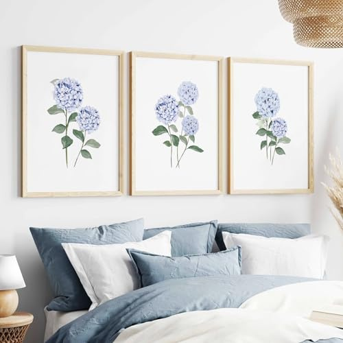 JarThenaAMCS 3Pcs Hydrangea Floral Wall Art Prints Watercolor Blue Flower Art Poster Minimalist Botanical Room Decor for Gallery Living Room Bedroom Wall (UNFRAMED 11 x 14in)