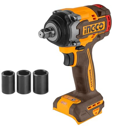 Ingco 1/2 Clé à Chocs sans Fil 20V (Produit Seul), Moteur Sans Balais, 500NM Boulonneuse à Choc Electrique, 2200 tr/min, 3 Vitesse Variable, Lumière de Travail LED avec 3 Douilles CIWLI20501