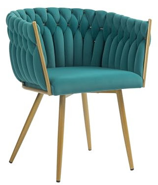 IlGruppone Poltrona con Schienale in Velluto Intrecciato Design Moderno, Sedia Imbottita Circolare con Gambe in Metallo Placcato Oro Poltroncina - Petrolio