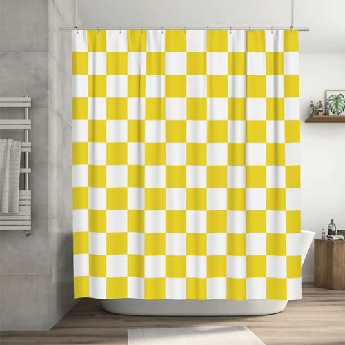 Ohocut karierter Duschvorhang für Badezimmer, hübsches Retro-Schachbrettmuster, Duschgardine in Vintage-Ästhetik, maschinenwaschbar, Stoffduschvorhang, Gelb, 183 x 183 cm