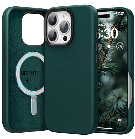 SURPHY Leather Case for iPhone 16 Pro Max Case, Premium Faux Leather Compatible with Mag-Safe [Metallic Buttons & Microfiber Lining] Cover for iPhone 16 Pro Max 6.9 inch, Forest Green