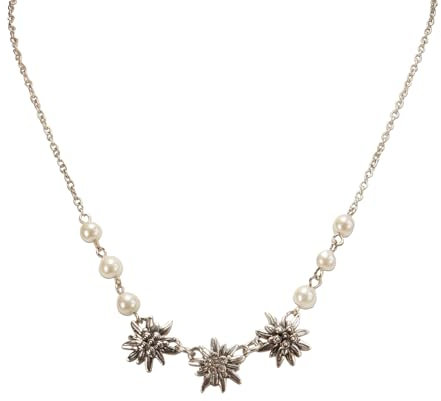 Alpenflüstern Metall-Trachtenkette Strass-Edelweiss Triologie - Damen-Trachtenschmuck Dirndlkette (antik-silber-farben) DHK337