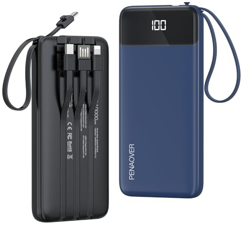 Penaover Tragbares Ladegerät, 10.000 mAh, Powerbank mit integriertem Kabel, 5 Ausgänge, 2 Eingänge, Reise-wesentlicher externer Akku mit LED-Display, kompatibel mit iPhone 16/15, Samsung S22, Android