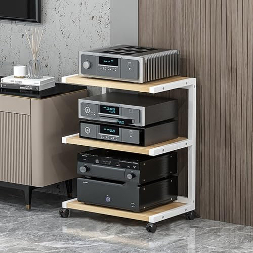 Support multimédia AV avec roulettes, étagères de jeu, armoire audio, armoire à composants stéréo, petite console multimédia, support de rangement, tour audio, centre de divertissement d'angle(Wit,50x