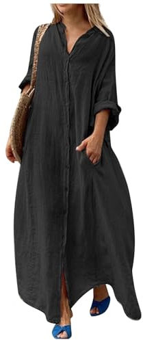 Herbstkleid Damen Lang Große Größen Elegant Frühlingskleid Damen Langarm mit Knopfleiste Maxi Kleider Baumwolle Leinen Hemdkleid Frauen mit Taschen üBergröße Maxikleid Kleid Frühlings Locker