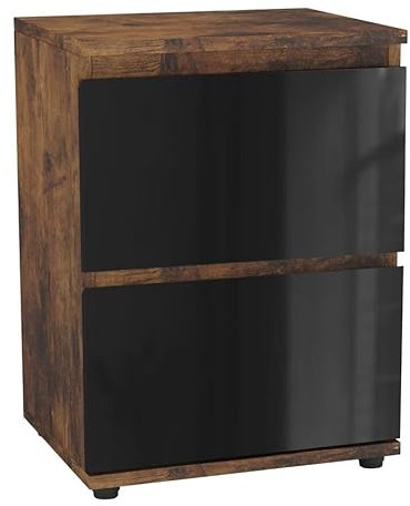 URBNLIVING Hochglanz-Nachttisch mit 2 Schubladen, Schlafzimmerschrank mit glattem Metallläufer, moderne Kommode, Nachttisch, Kommode für Schlafzimmer, Wohnzimmer, Büro, 49 cm (Rostbraun und Schwarz)