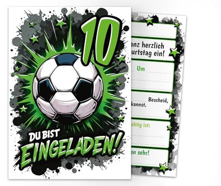 12 Einladungskarten zum 10. Kindergeburtstag Jungen Fußball Fussball Kinder coole bunte Einladungen zehnte Geburtstag Geburtstagseinladungen Kids