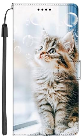 EuoDuo Klapphülle Kompatibel mit WIKO Y81 Hülle zum Klappen PU Lederhülle Handyhülle Cover mit Tier Muster Magnet Kartenfach Flip Tasche Schutzhülle - Katze und Blase