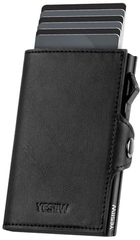 YESIIW Wallets for Men UK, Slim Mens Wallets RFID Blocking, Minimalist Pop Up Credit Card Holder for 7 Cards, Forge Smart Trifold Wallet Metal Card Case with Coin Pocket & 1 ID Window, Black