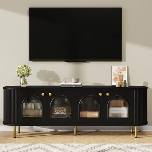 Jaxenor Meuble TV moderne de 170 cm avec portes en verre, poignées et pieds dorés, meuble TV moderne pour salon et espace de divertissement, noir