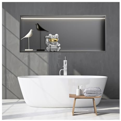 Niche de Douche Murale en Acier Inoxydable avec éclairage LED, sans carrelage, étagère de Douche encastrée, Niche Murale encastrée pour Salle de Bain (Gris, 60 x 32 x 12,5 cm)