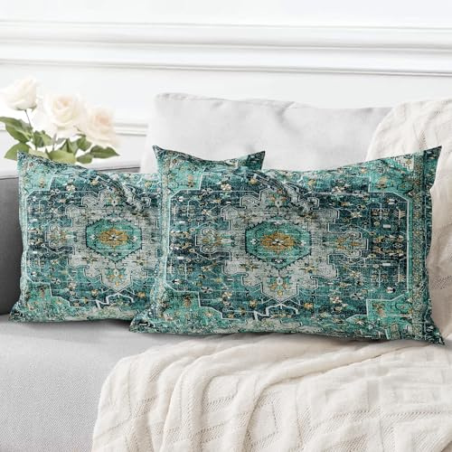 ECZOIL 2er Set Boho Kissenbezug 40x60 cm Kissenhülle Dekorative Boho Stil Vintage Zierkissenbezüge Kissen für Sofa Sessel Zuhause Schlafzimmer mit Verstecktem Reißverschluss - Cyan