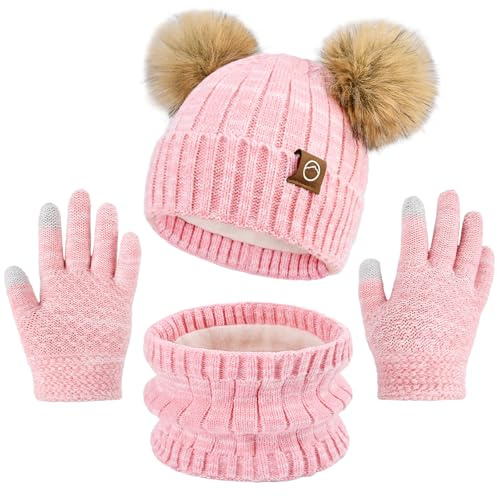 ZOORON Kids Winter Hat Gloves Scarf Set Girls, Children Beanies Hats with Pom Pom Warm Fleece Lining Beanie For Girls Boys